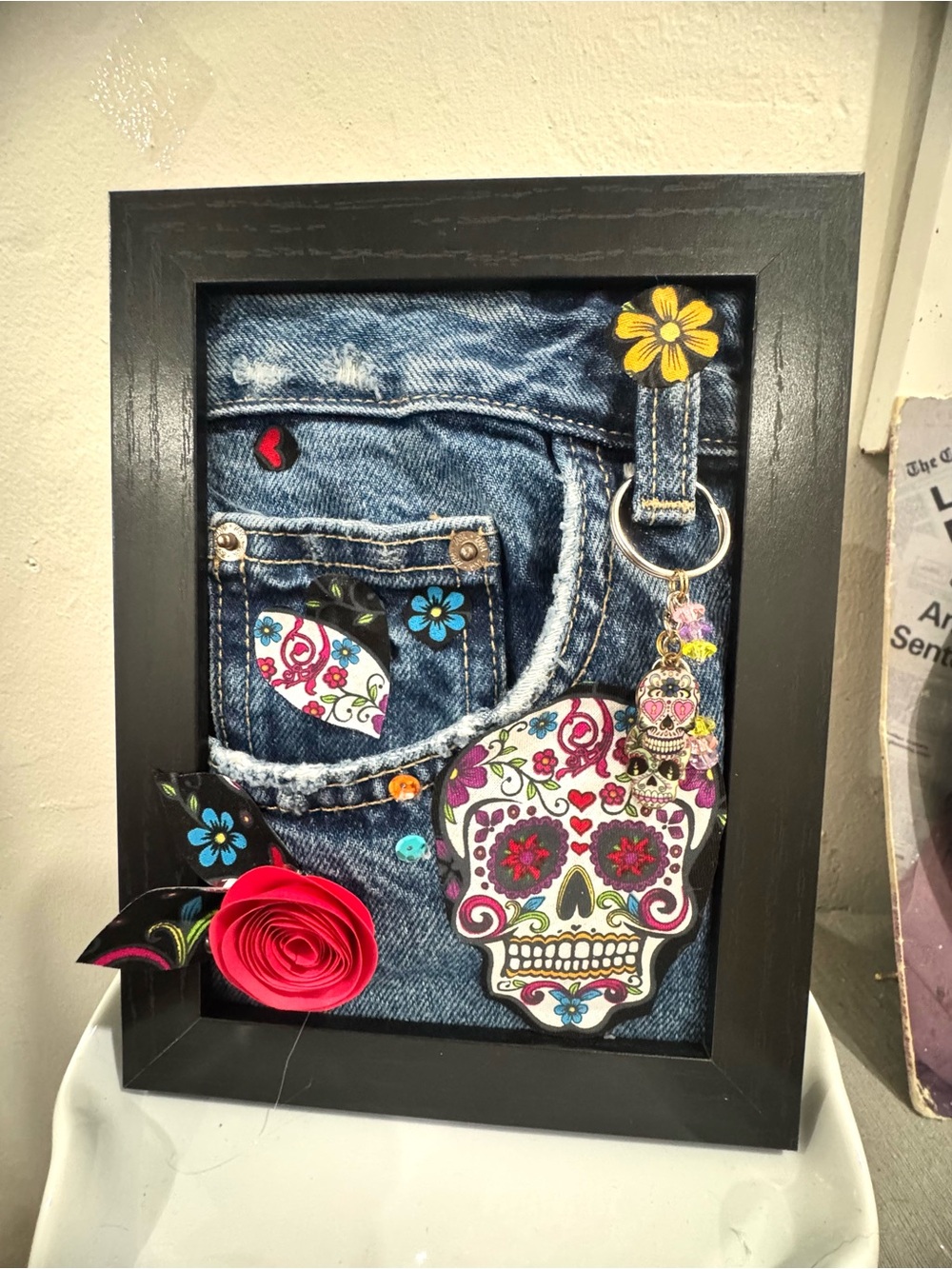 Sugar skull recycled Denim jeans art